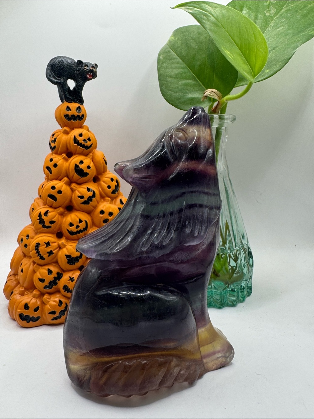 Handcrafted Purple Fluorite Howling Wolf Sculpture - Home Art